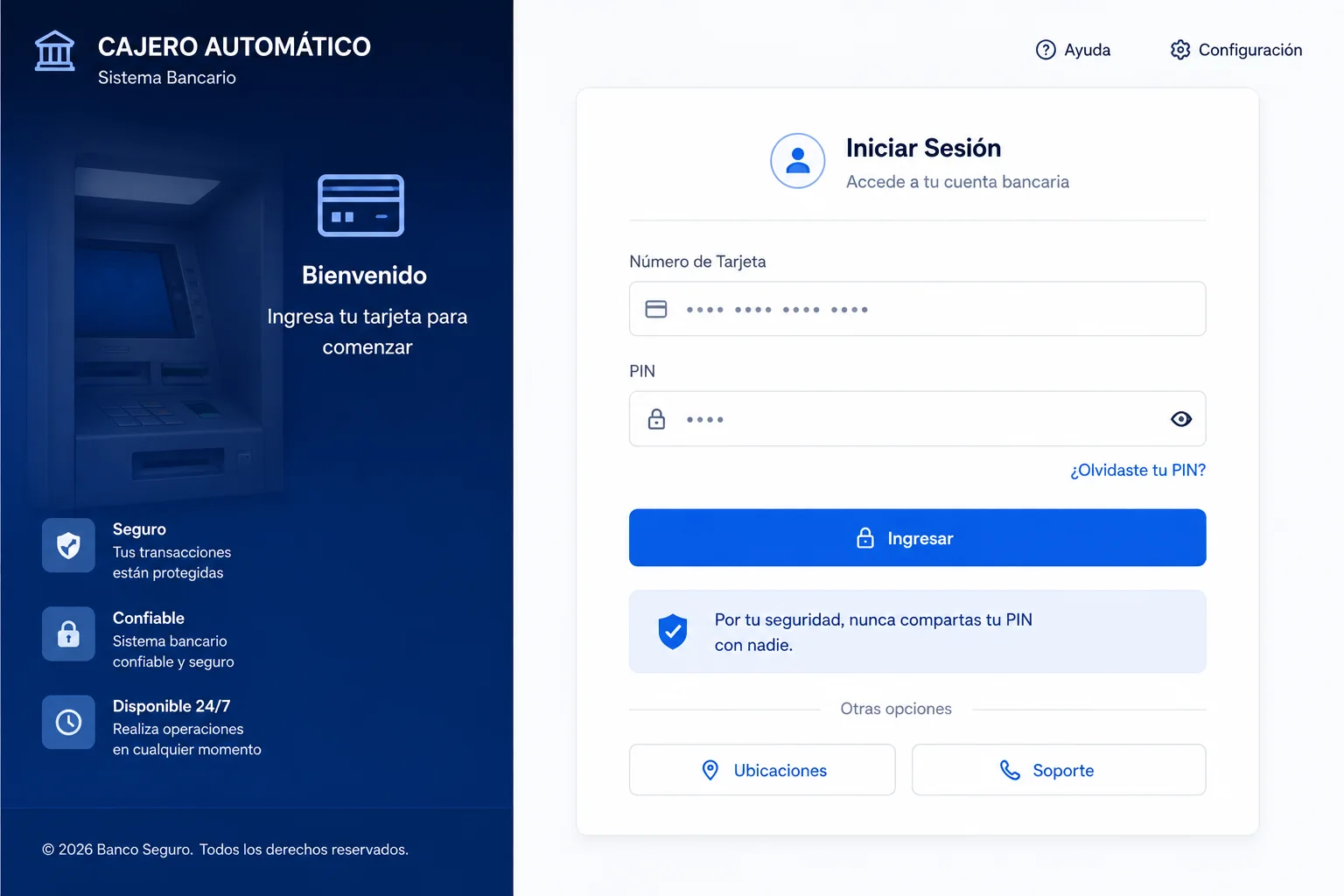 Pantalla de acceso real del Sistema de Cajero Automático