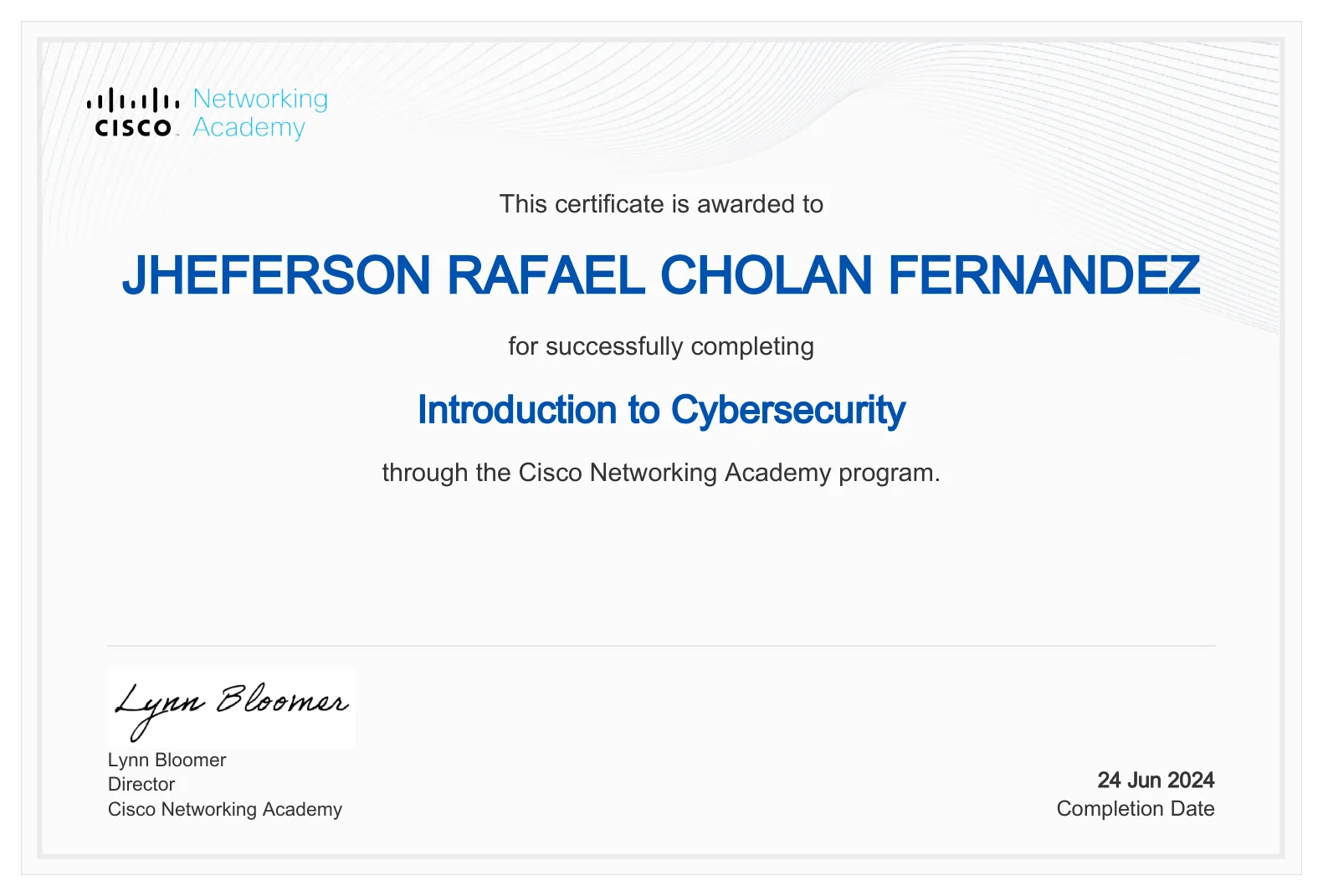 Certificado Introduction to Cybersecurity emitido por Cisco Networking Academy