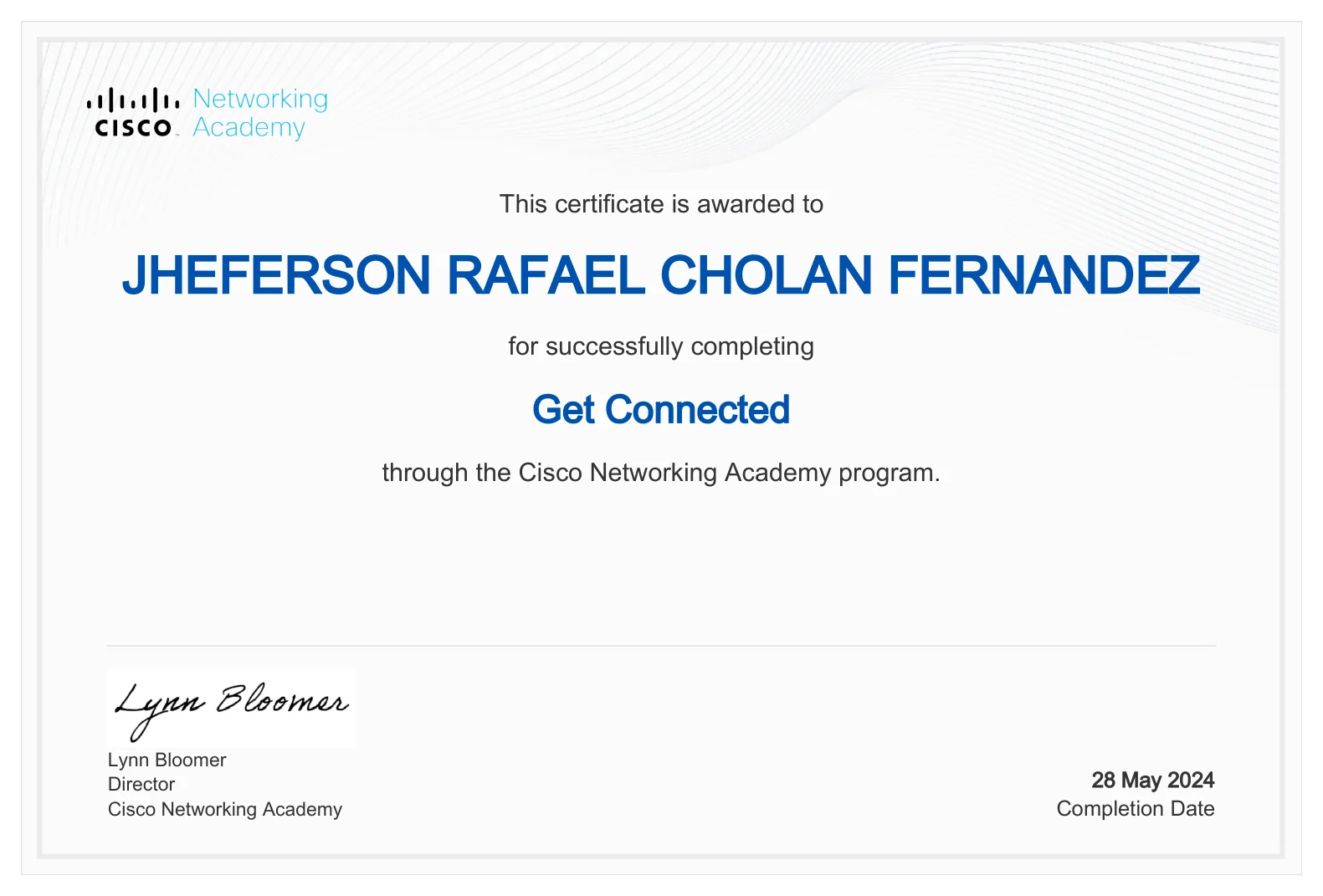 Certificado Get Connected emitido por Cisco Networking Academy