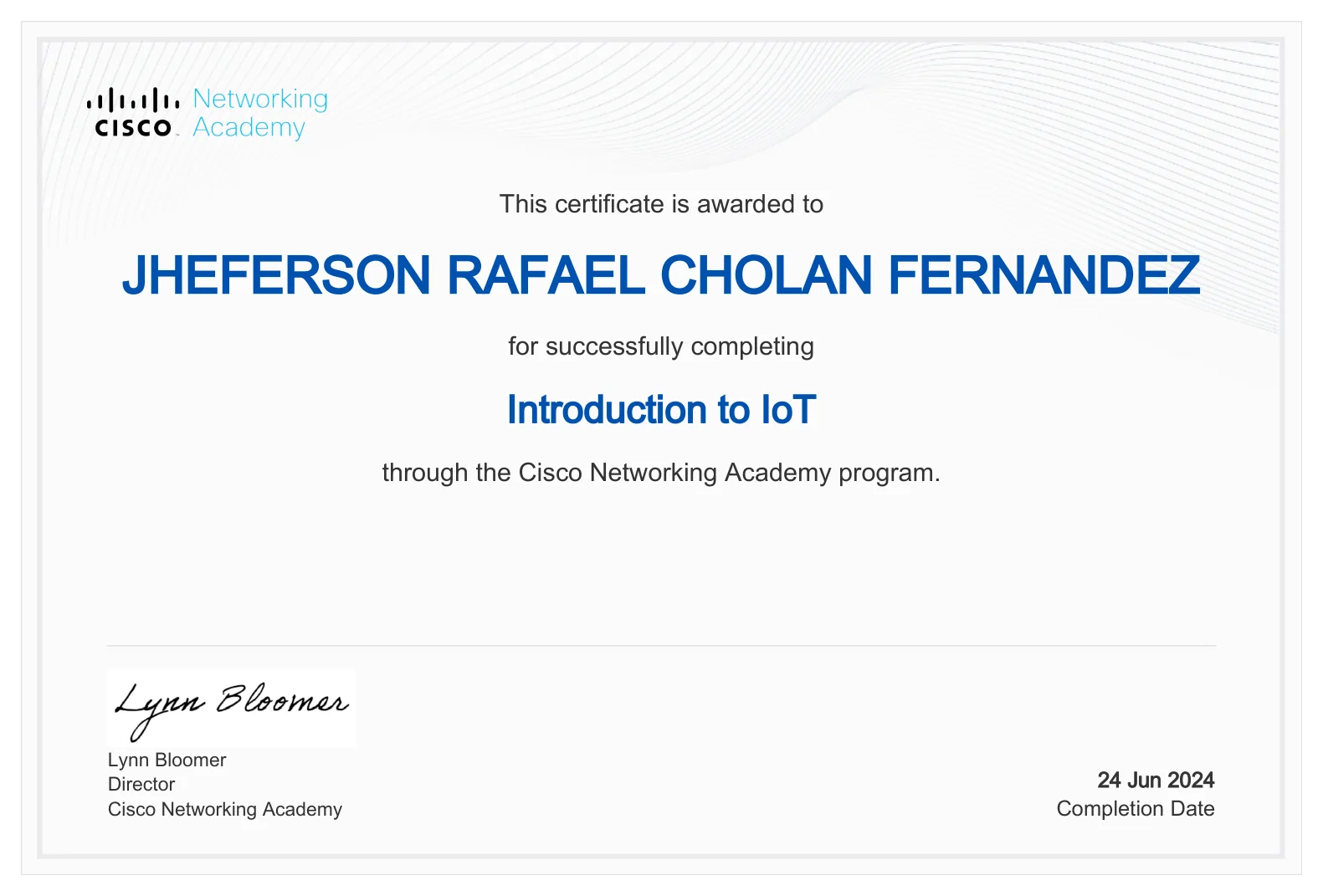 Certificado Introduction to IoT emitido por Cisco Networking Academy