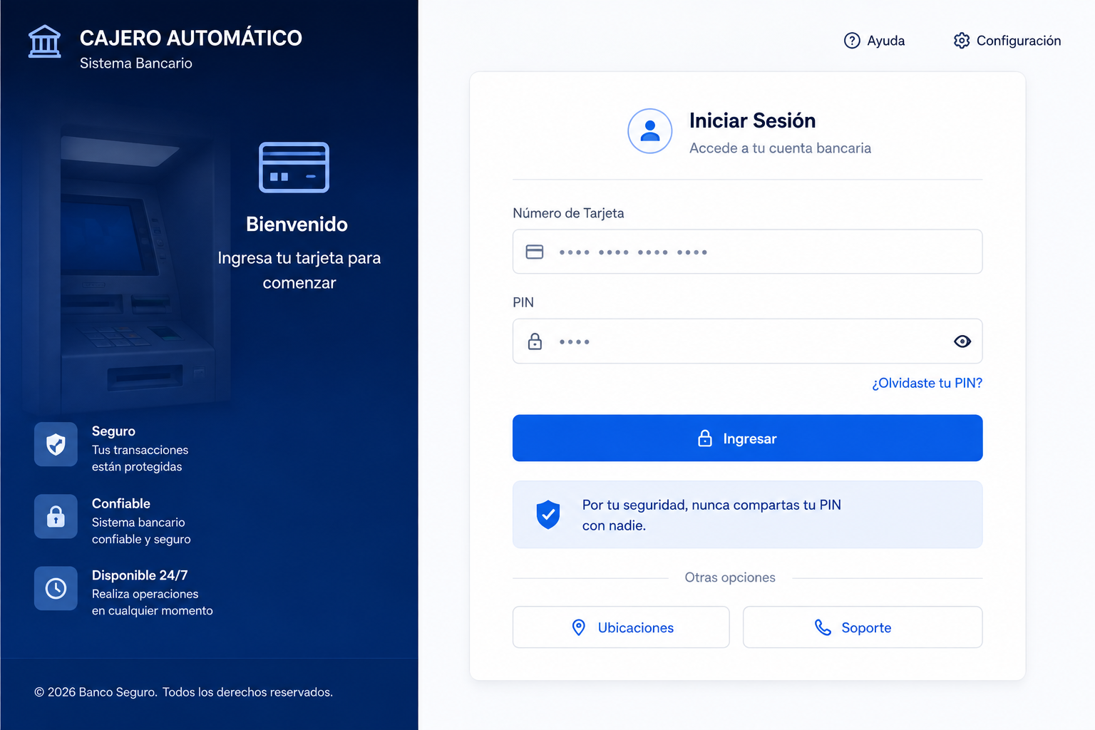 Pantalla de acceso real del Sistema de Cajero Automático